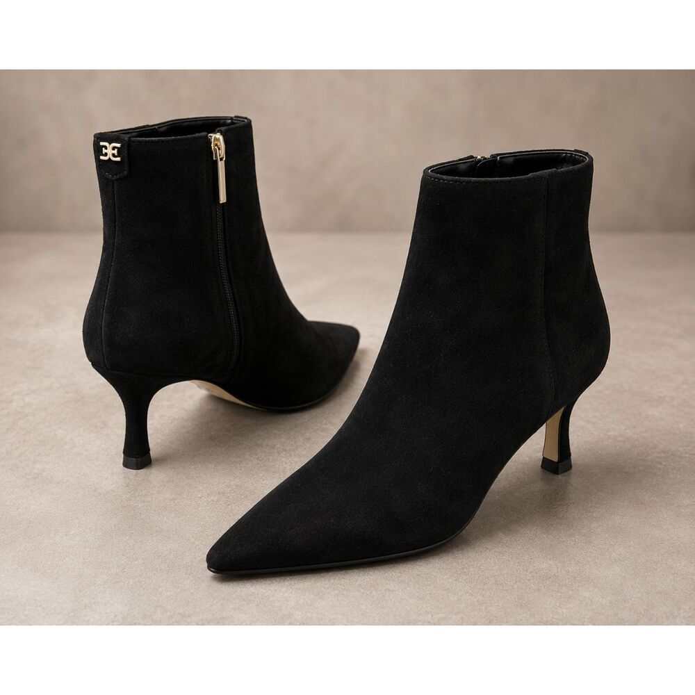 Sam Edelman Samantha Black Suede Ankle Boots Size 7M Pointed Toe Kitten Heel